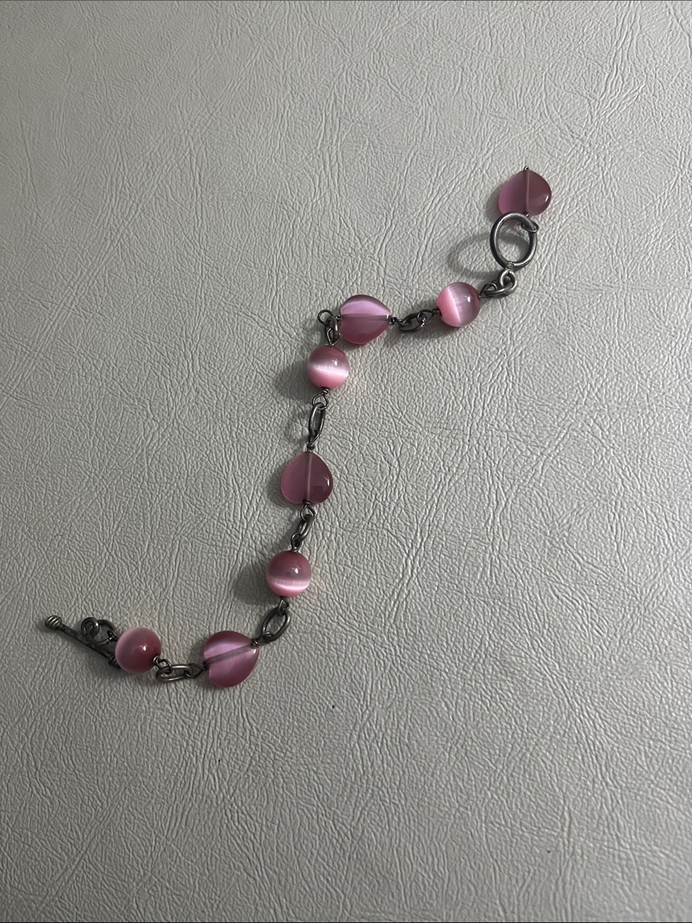 925 sterling Pink Heart & Bead Link Bracelet with Toggle Clasp - Picture 3 of 4
